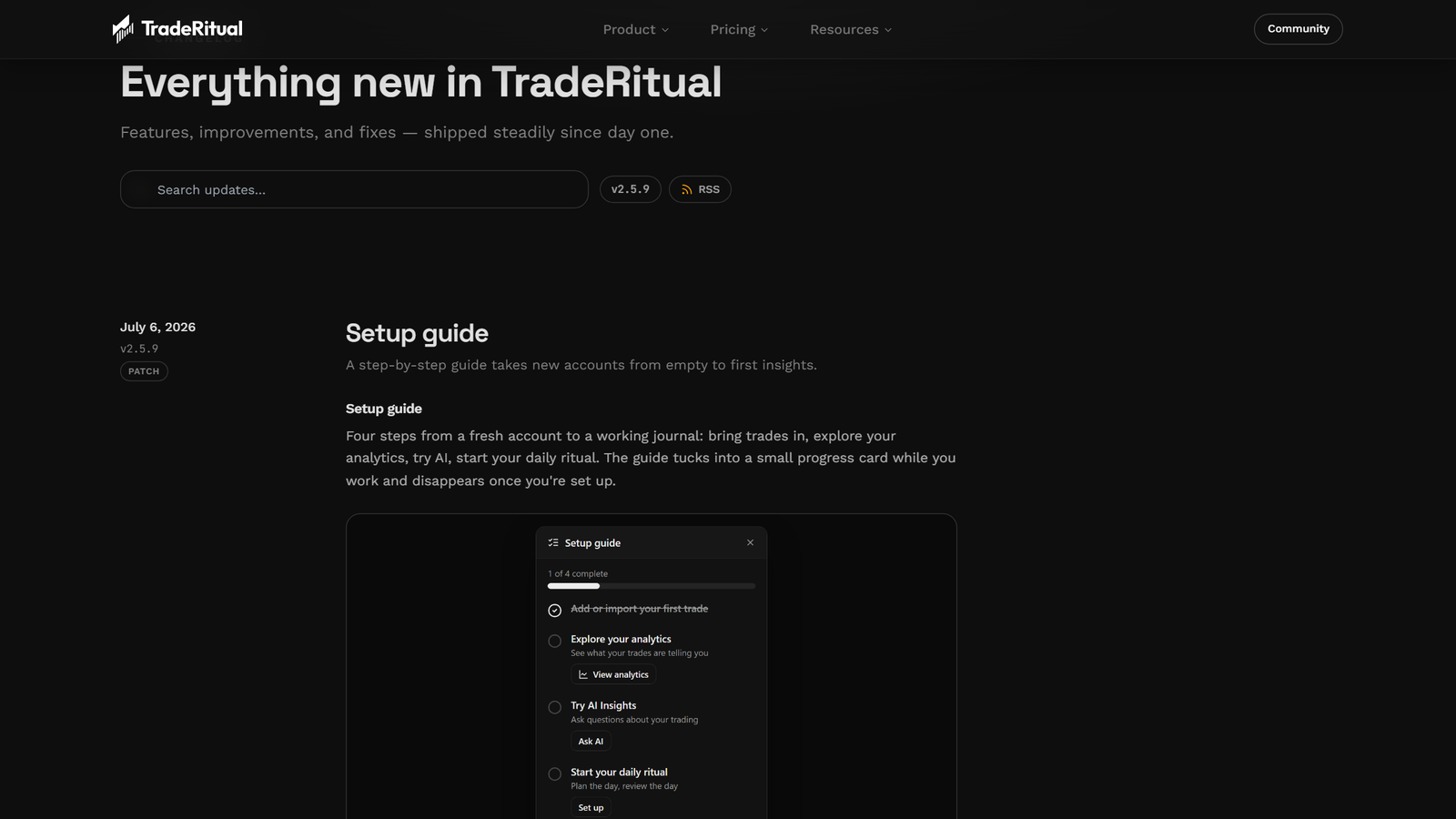 The redesigned TradeRitual changelog with dated releases and media